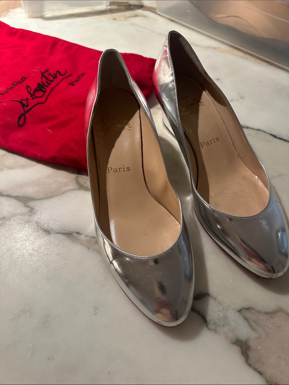 Christian Louboutin Silver Patent Round-Toe Pumps